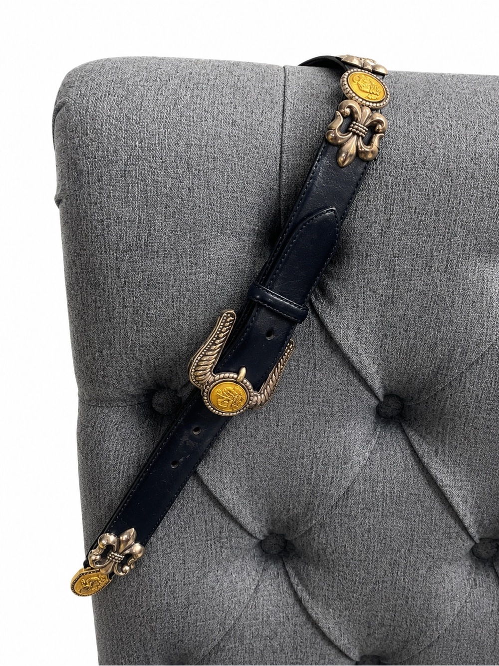 Brighton Navy Leather Belt with Gold Medallion Hardware